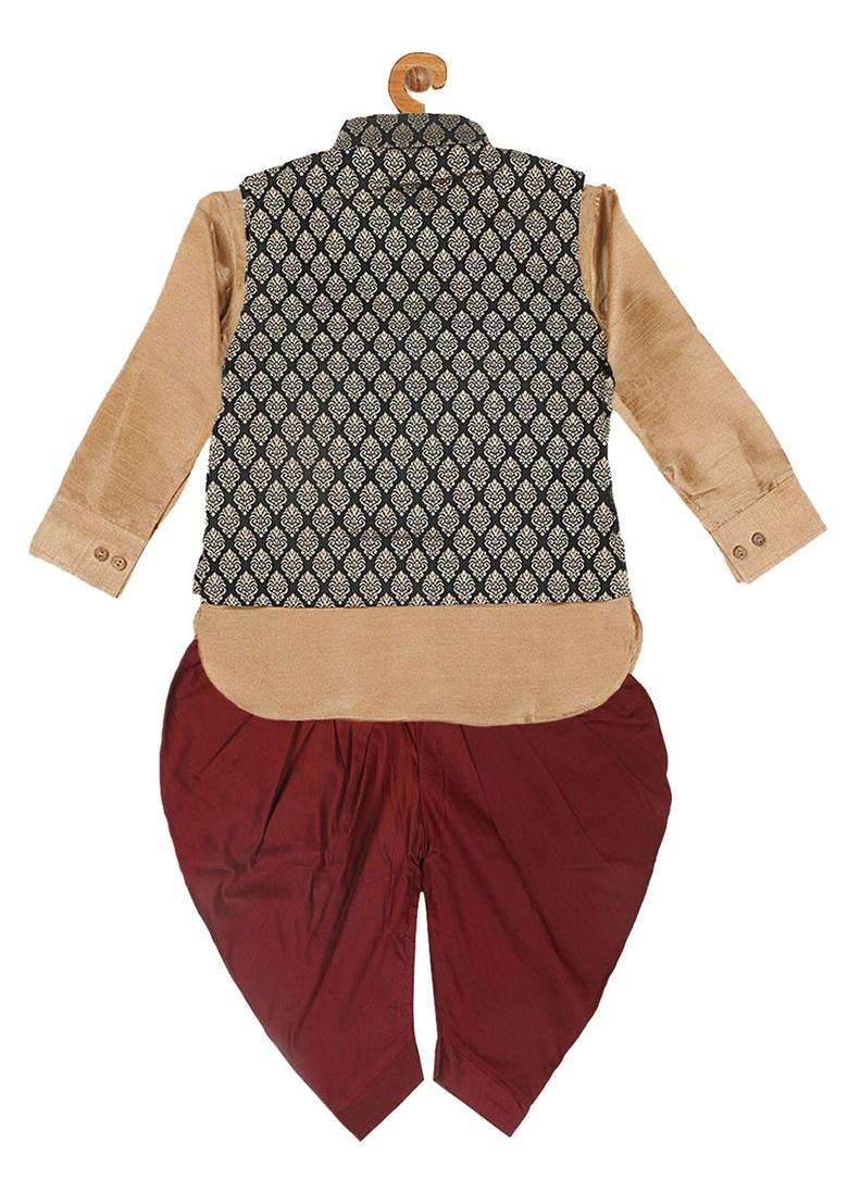Rose Gold Solid Silk Kurta Set For Boys - Indya