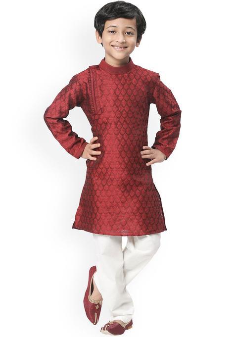 Maroon Woven Design Silk Kurta Set For Boys — view on Indya