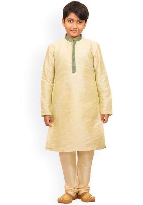 Beige Solid Silk Kurta Set For Boys — view on Indya