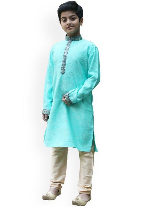 Sea Green Solid Silk Kurta Set For Boys — view on Indya