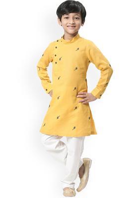 Mustard Embroidered Viscose Kurta Set For Boys