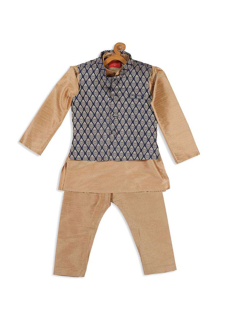 Gold Solid Silk Kurta Set For Boys - Indya