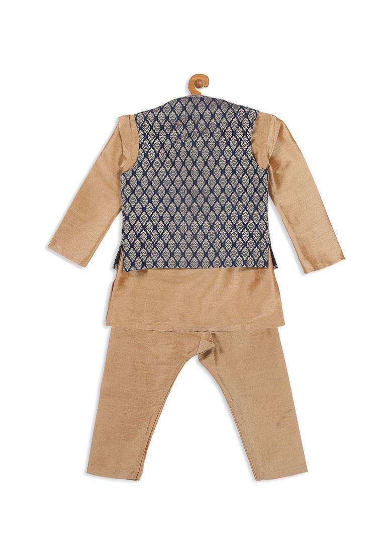Gold Solid Silk Kurta Set For Boys - Indya