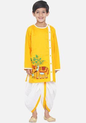 Yellow Embroidered Cotton Kurta Set For Boys