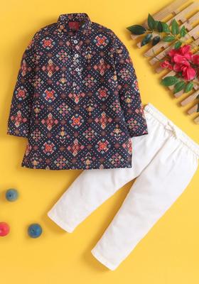 Navy Blue Printed Cotton Kurta Set For Boys
