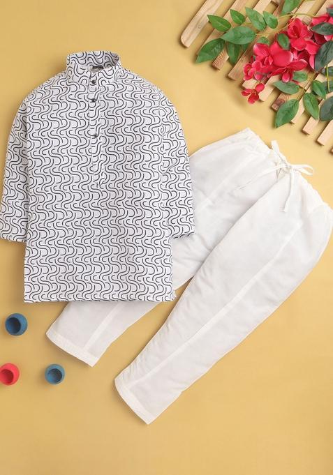 White Printed Cotton Kurta Set For Boys — view on Indya