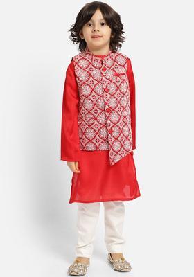 Red Solid Silk Kurta Set For Boys