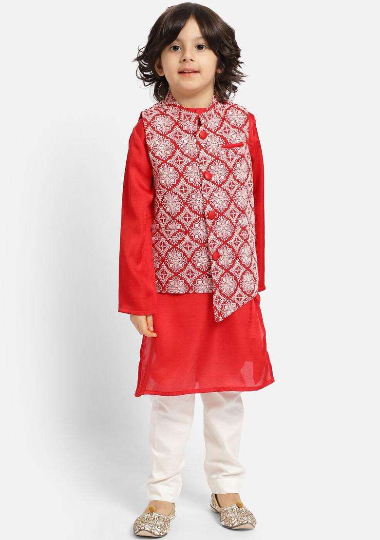 Red Solid Silk Kurta Set For Boys - Indya