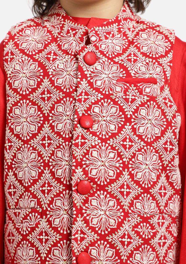 Red Solid Silk Kurta Set For Boys - Indya
