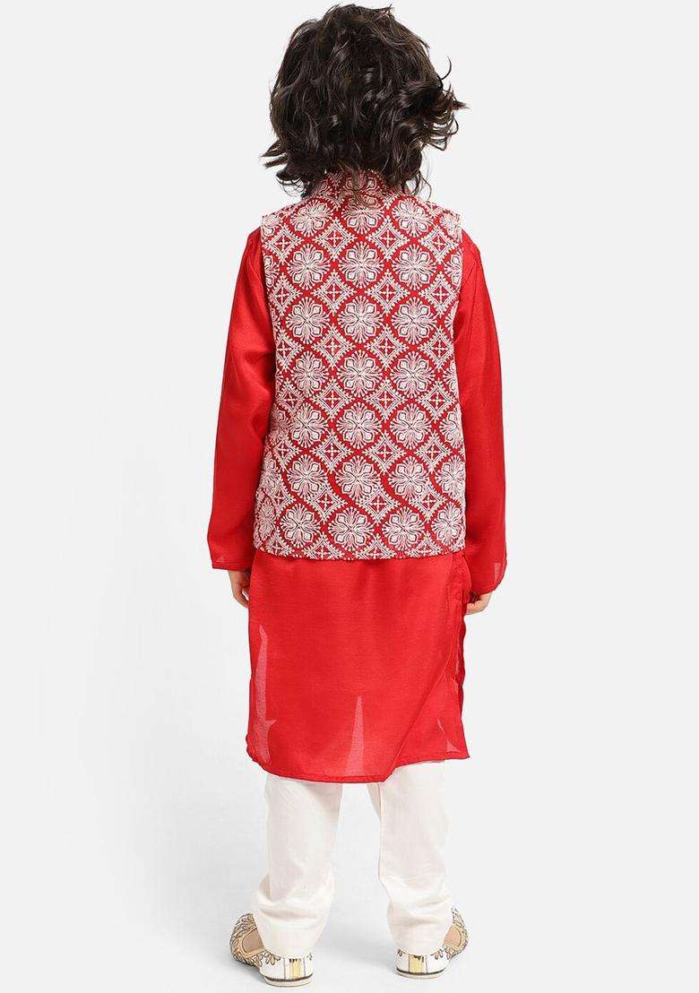 Red Solid Silk Kurta Set For Boys - Indya