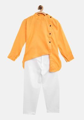 Yellow Solid Cotton Kurta Set For Boys