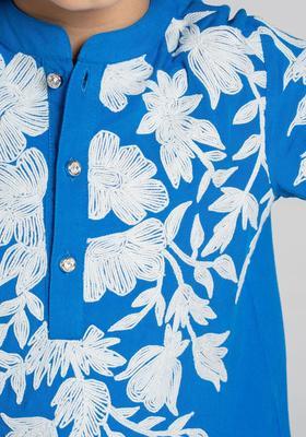 Blue Embroidered Viscose Kurta Set For Boys