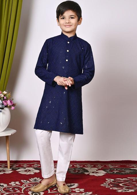 Navy Blue Embroidered Cotton Kurta Set For Boys — view on Indya