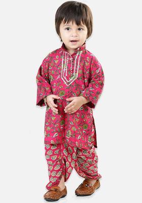 Pink Printed Cotton Kurta Set For Boys