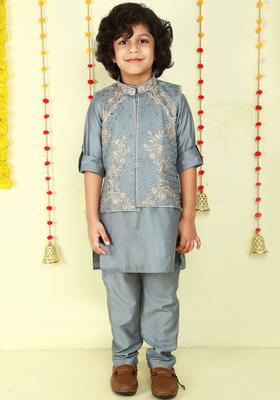 Grey Solid Cotton Kurta Set For Boys