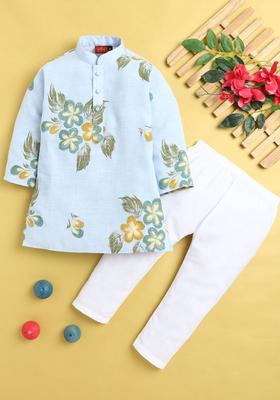 Blue Printed Cotton Kurta Set For Boys