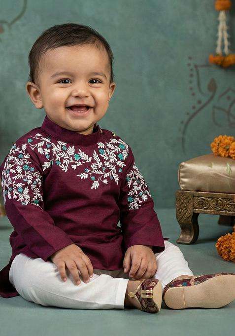 Maroon Embroidered Silk Kurta Set For Boys