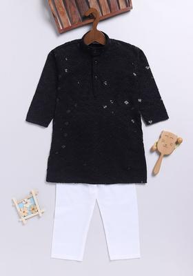 Black Embroidered Viscose Kurta Set For Boys