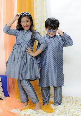 Grey Printed Cotton Kurta Set For Boys