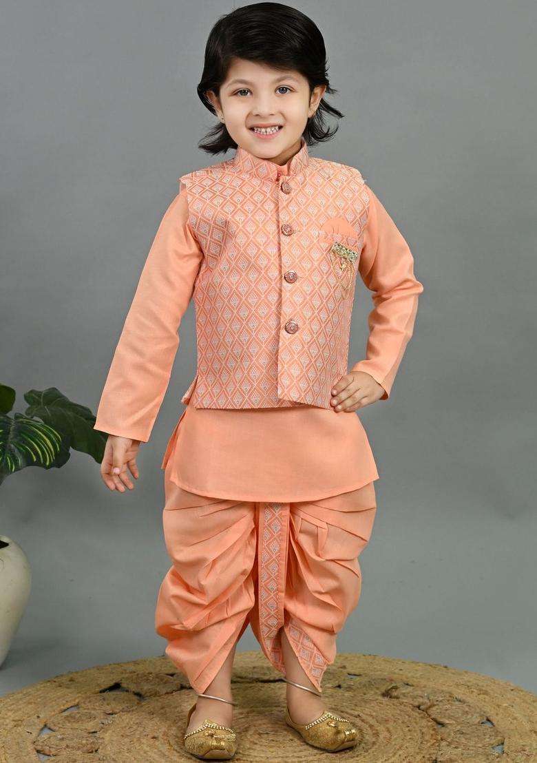 Peach Solid Silk Kurta Set For Boys - Indya