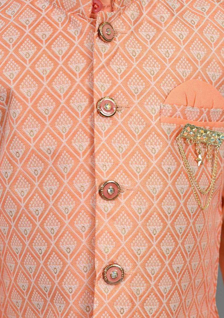 Peach Solid Silk Kurta Set For Boys - Indya