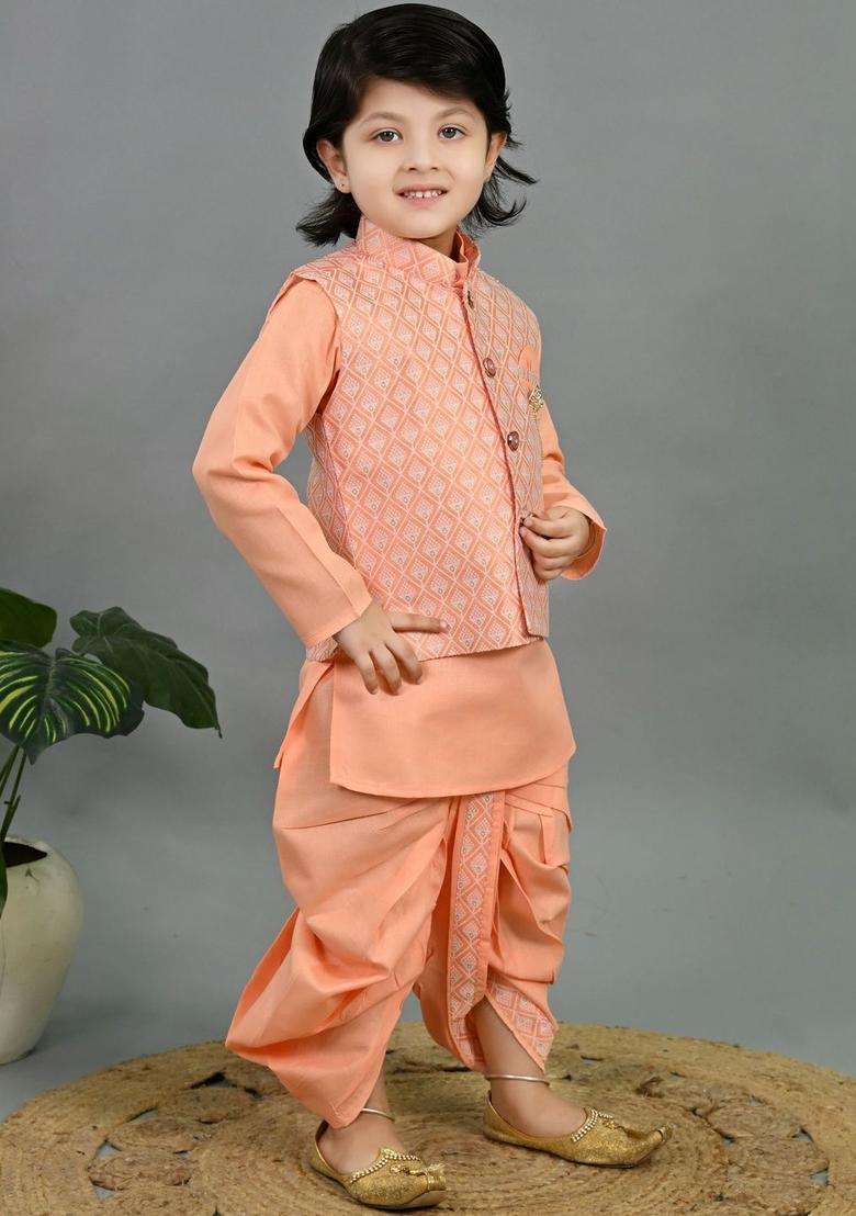 Peach Solid Silk Kurta Set For Boys - Indya