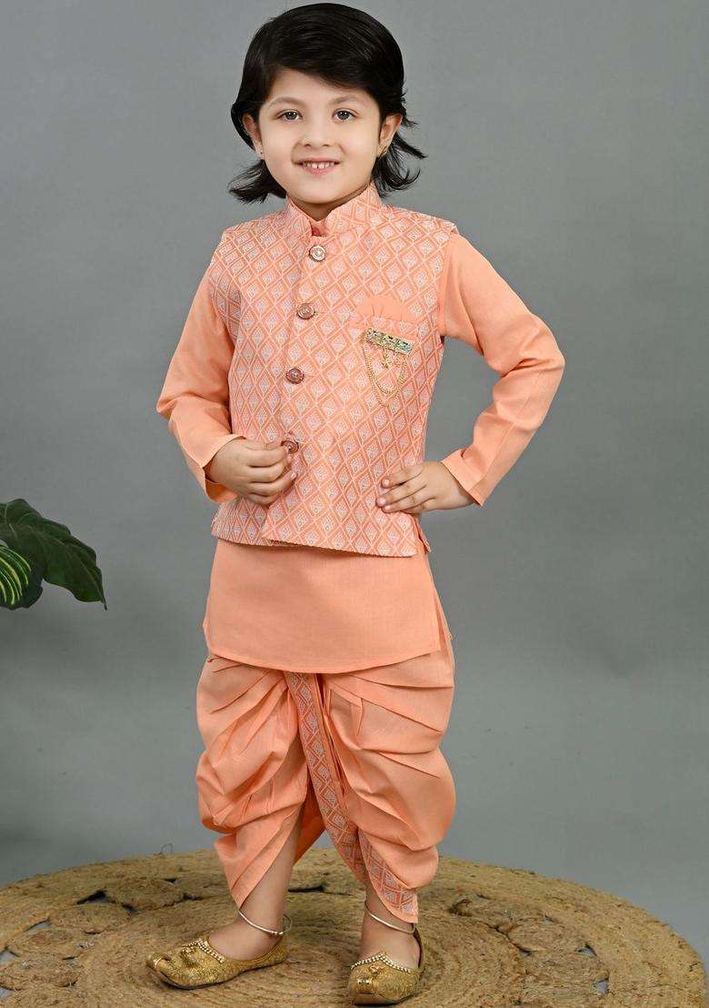 Peach Solid Silk Kurta Set For Boys - Indya