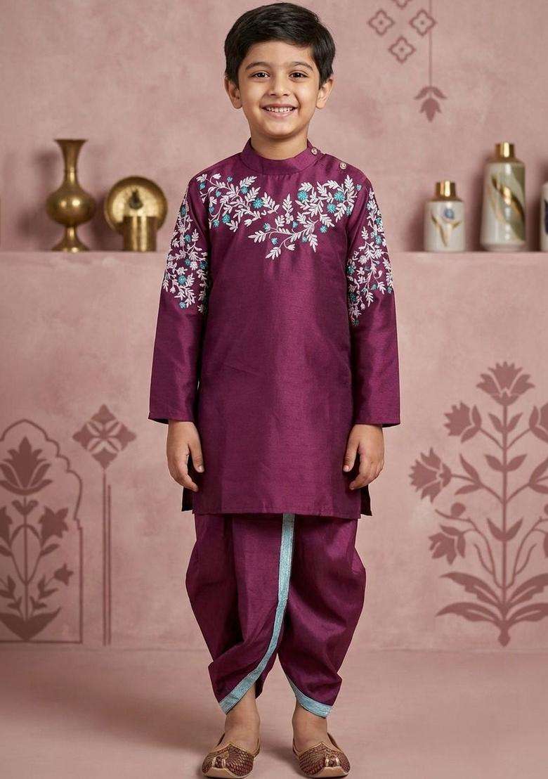 Purple Embroidered Silk Kurta Set For Boys - Indya