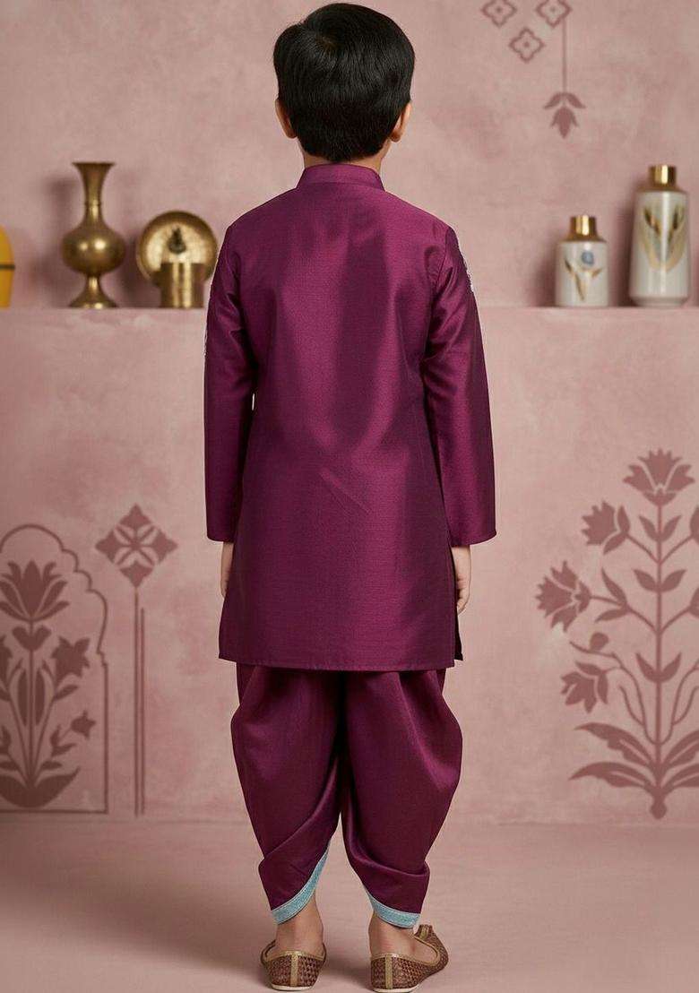 Purple Embroidered Silk Kurta Set For Boys - Indya