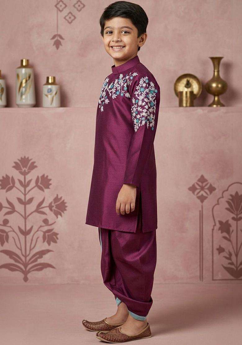 Purple Embroidered Silk Kurta Set For Boys - Indya