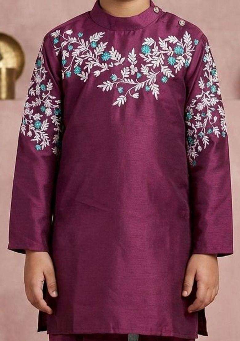 Purple Embroidered Silk Kurta Set For Boys - Indya