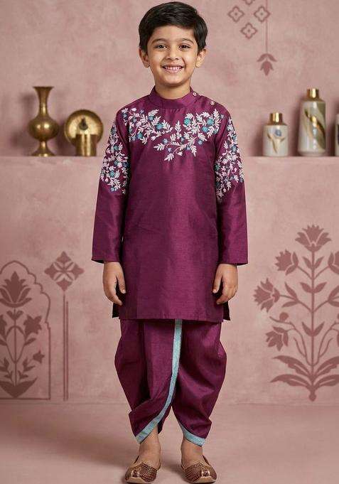Purple Embroidered Silk Kurta Set For Boys