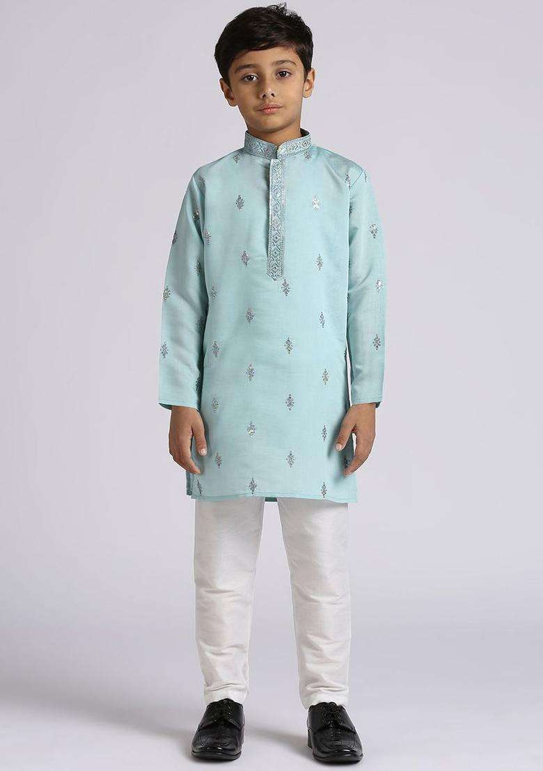 Teal Embroidered Silk Kurta Set For Boys - Indya