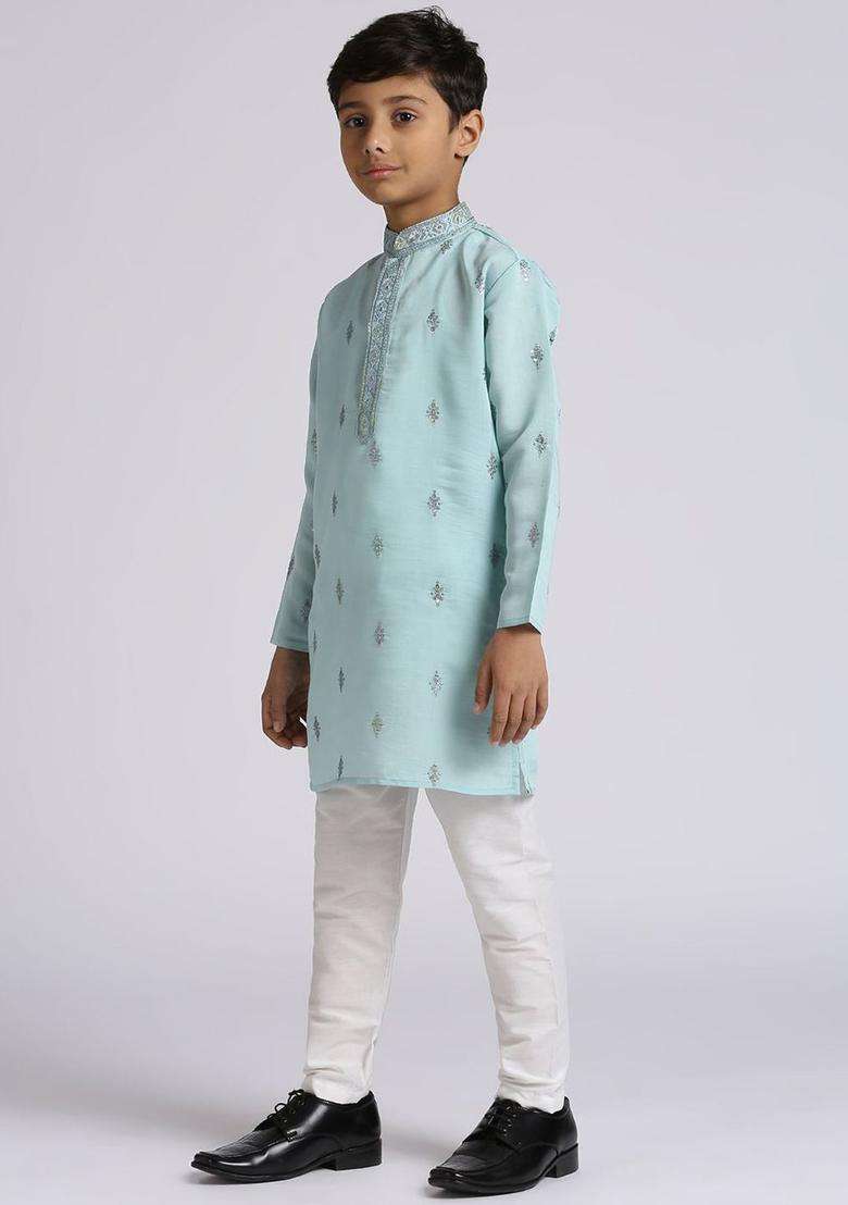 Teal Embroidered Silk Kurta Set For Boys - Indya