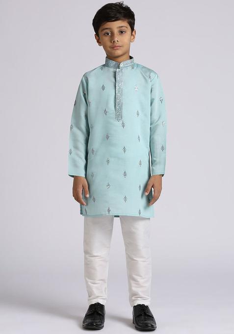 Teal Embroidered Silk Kurta Set For Boys — view on Indya
