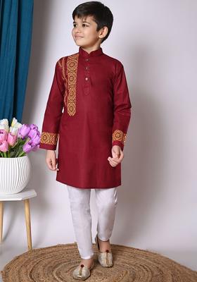 Maroon Printed Cotton Kurta Set For Boys