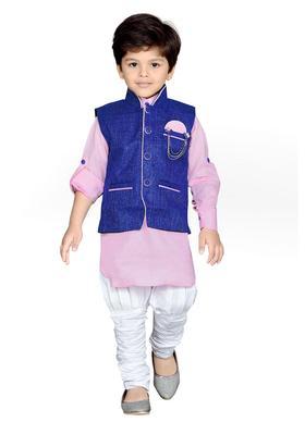 Pink Solid Cotton Kurta Set For Boys