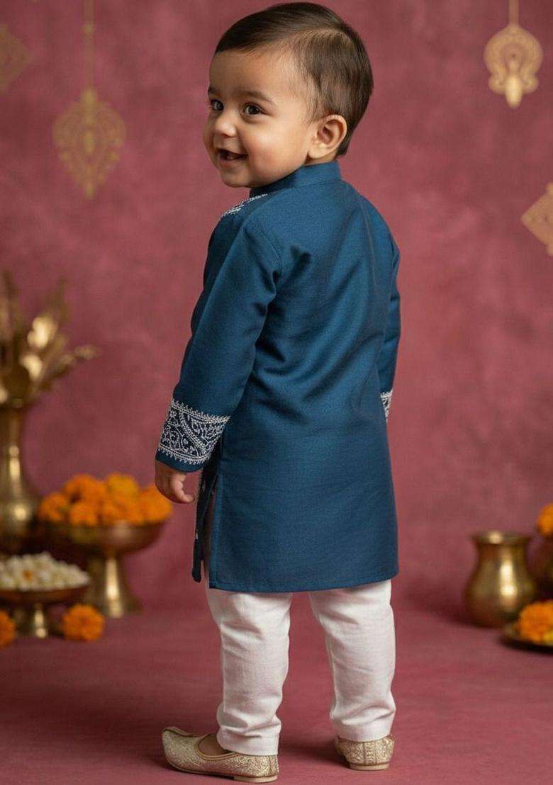 Blue Embroidered Silk Kurta Set For Boys - Indya
