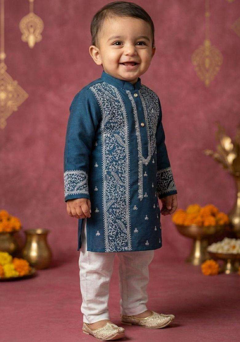 Blue Embroidered Silk Kurta Set For Boys - Indya