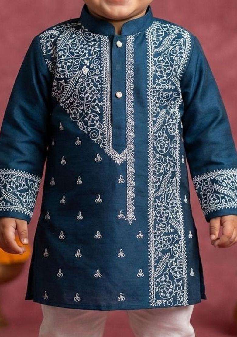 Blue Embroidered Silk Kurta Set For Boys - Indya