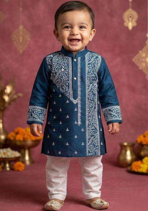 Blue Embroidered Silk Kurta Set For Boys