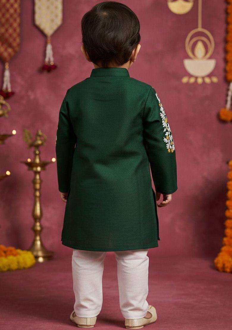Green Embroidered Silk Kurta Set For Boys - Indya