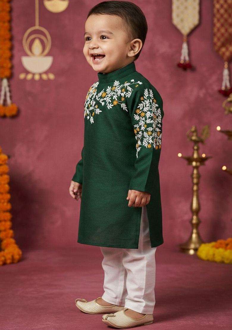 Green Embroidered Silk Kurta Set For Boys - Indya