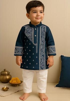 Navy Blue Printed Silk Kurta Set For Boys