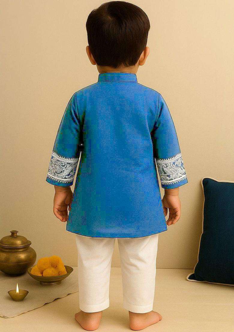 Navy Blue Printed Silk Kurta Set For Boys - Indya
