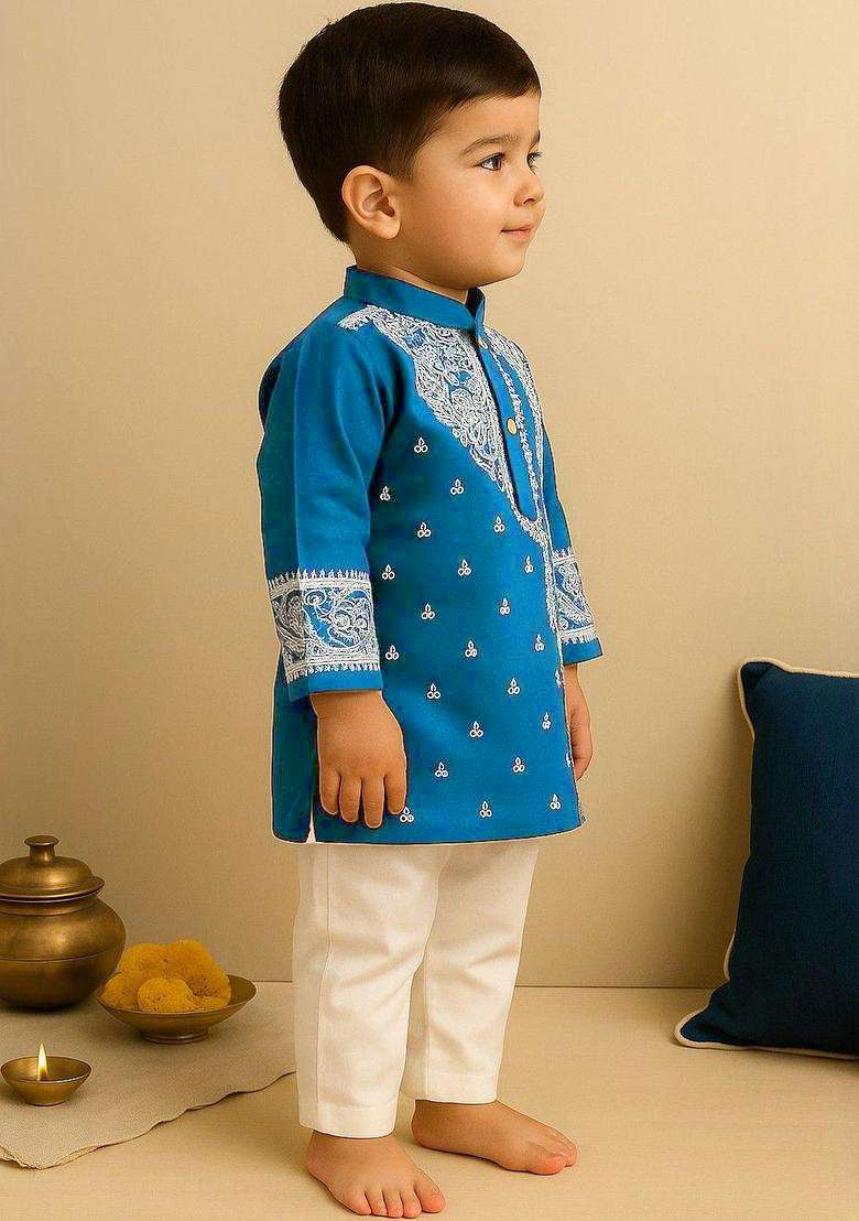Navy Blue Printed Silk Kurta Set For Boys - Indya