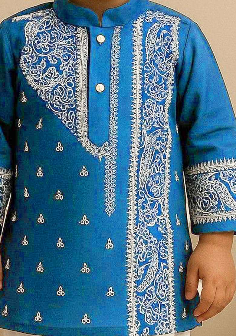 Navy Blue Printed Silk Kurta Set For Boys - Indya
