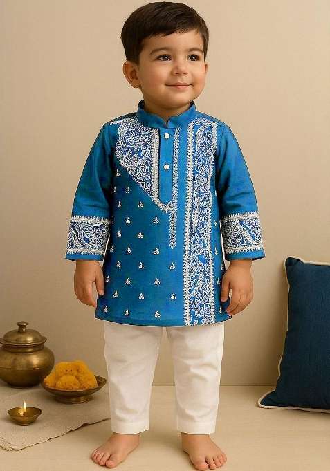 Navy Blue Printed Silk Kurta Set For Boys