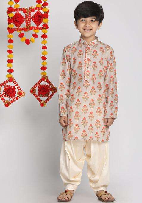 Multi Printed Cotton Kurta Set For Boys