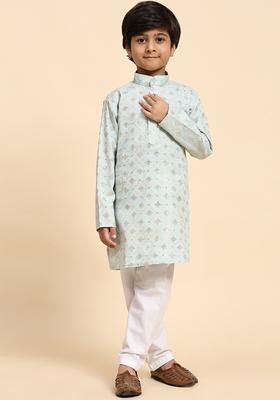 Turquoise Blue Embroidered Cotton Kurta Set For Boys